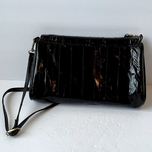 Eel Skin Black Flap Over Bag With Gold Hardware - Picture 4 of 12